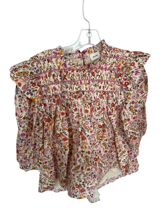 Aureum Size S Pink & Cream Cotton Floral Ruffles Half Sleeve Key Hole Back Top Pink & Cream / S