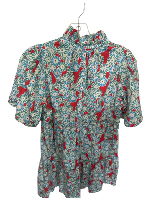 Tuckernuck Size S Blue & Red Cotton Long Sleeve Flowers Ruffle collar Dress Blue & Red / S