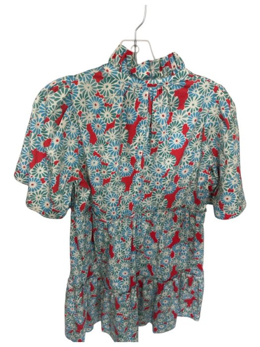 Tuckernuck Size S Blue & Red Cotton Long Sleeve Flowers Ruffle collar Dress Blue & Red / S