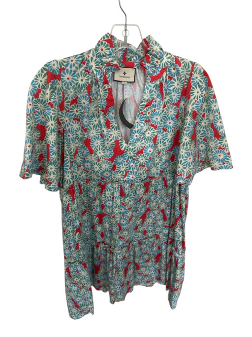 Tuckernuck Size S Blue & Red Cotton Long Sleeve Flowers Ruffle collar Dress Blue & Red / S