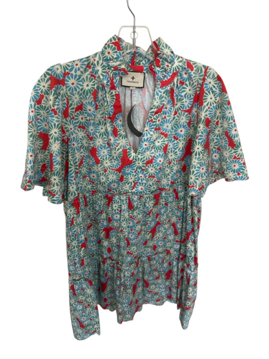 Tuckernuck Size S Blue & Red Cotton Long Sleeve Flowers Ruffle collar Dress Blue & Red / S