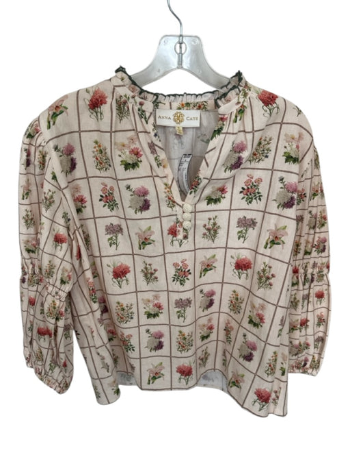 Anna Cate Size M Blush & Green Cotton & Linen Botanical Long Balloon Sleeve Top Blush & Green / M