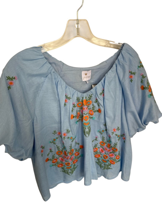 J. Marie Size S Blue & Multi Cotton Blend Short Balloon Sleeve Top Blue & Multi / S