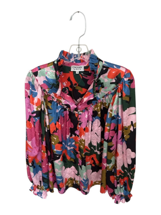 Crosby Size S Multi Polyester Long Sleeve Flowers Ruffle collar Top Multi / S