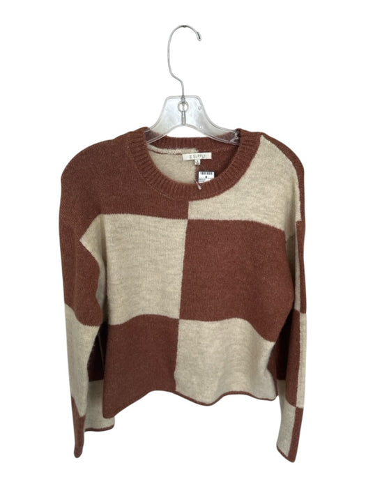 Z Supply Size S Cream & Brown Acrylic Blend Long Sleeve Checkered Sweater Cream & Brown / S