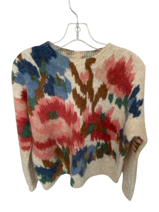 Sezane Size S Pink & Cream Kid Mohair Blend Knit Watercolor Floral Sweater Pink & Cream / S