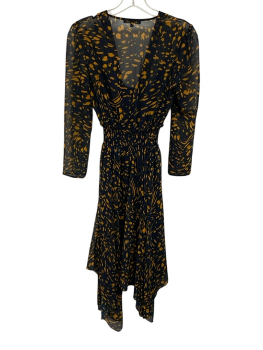 Maje Size 1/S Navy Blue & Yellow Polyester Long Sheer Sleeves Midi Dress Navy Blue & Yellow / 1/S