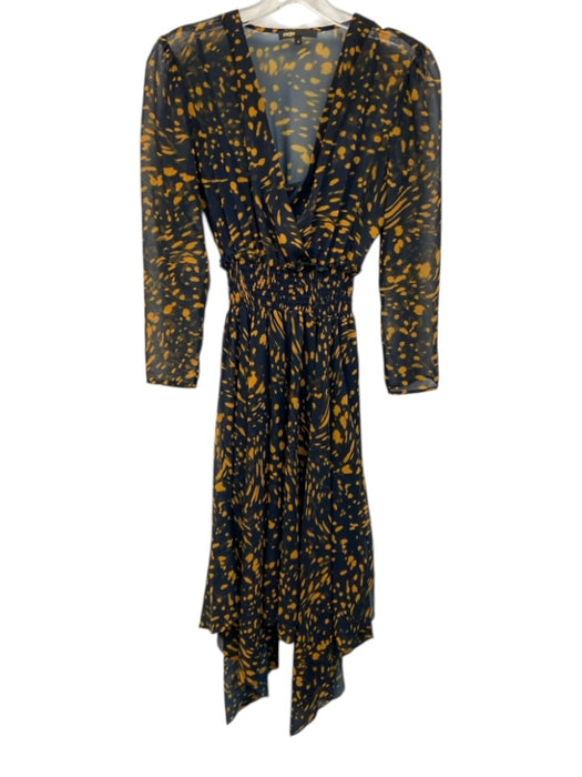 Maje Size 1/S Navy Blue & Yellow Polyester Long Sheer Sleeves Midi Dress Navy Blue & Yellow / 1/S