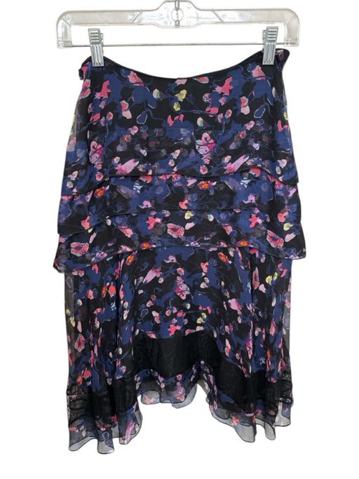 Jason Wu Size Est M Black & Purple Silk Back Zip Floral Tiered Knee length Skirt Black & Purple / Est M