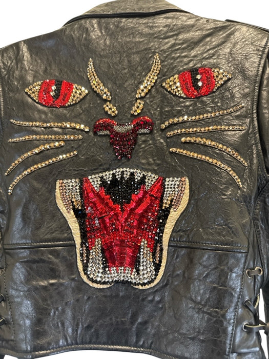 Gucci Size 38 Black Leather Rhinestone Tiger Biker Jacket Black / 38