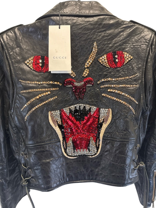 Gucci Size 38 Black Leather Rhinestone Tiger Biker Jacket Black / 38