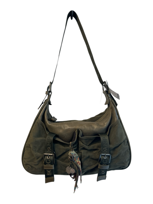 Longchamp Green Leather & Fabric Top Strap Zip Close Inside & Out Pockets Bag Green