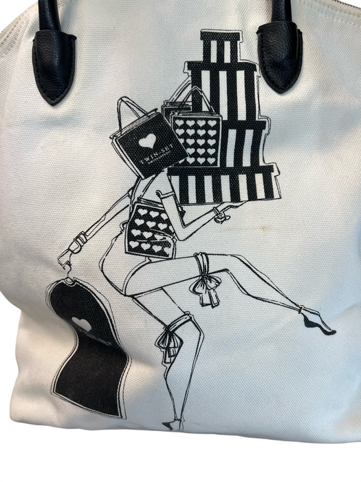 Twin Set Black & White Canvas Two Handle Zip Close Illustration Bag Black & White