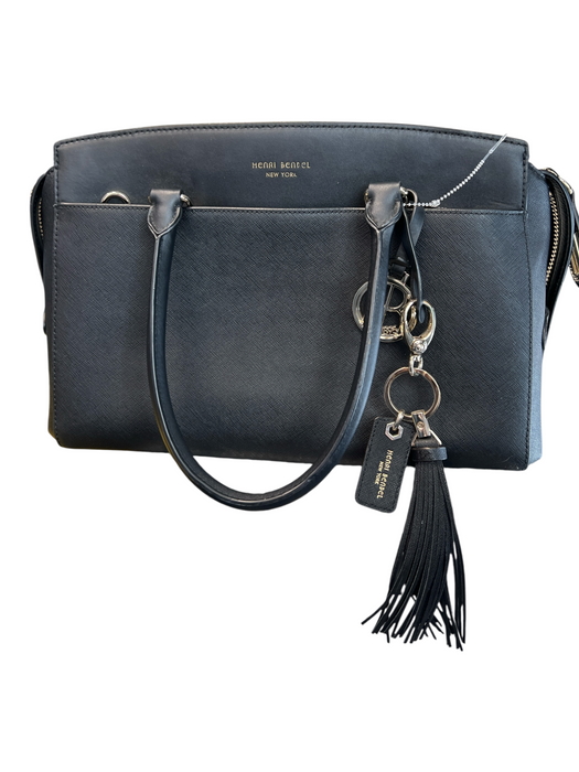 Henri Bendel Black Leather Gold hardware Zip Close Tassel Top Handle Bag Black