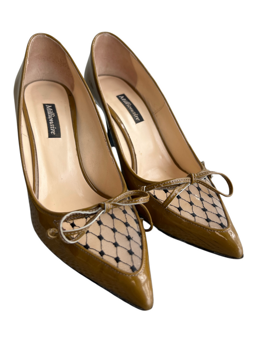 Millionaire Shoe Size 39 Brown Patent Leather Pointed Toe Mesh Detail Pump Shoes Brown / 39