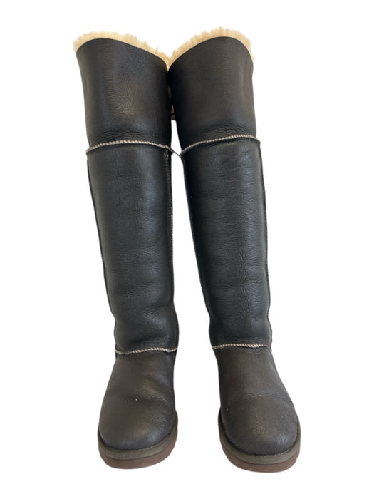 Ugg Shoe Size 8 Dark Brown & Cream Print Leather Faux Shearling Buttons Boots Dark Brown & Cream Print / 8