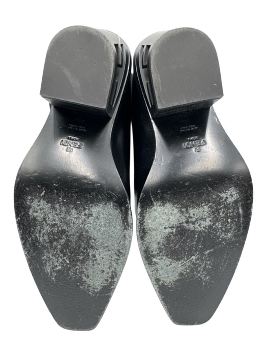 Fendi Shoe Size 38.5 Black Leather Mule semi- pointed toe Block Heel Shoes Black / 38.5