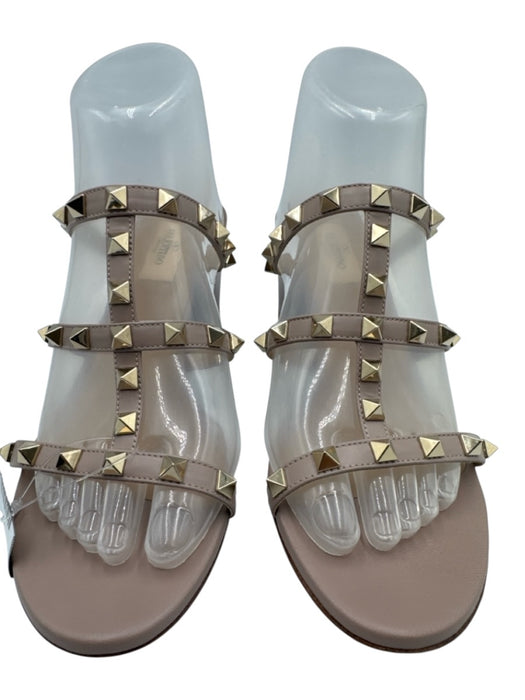 Valentino Shoe Size 38.5 Beige & Gold Leather Studded Block Heel Open Toe Shoes Beige & Gold / 38.5
