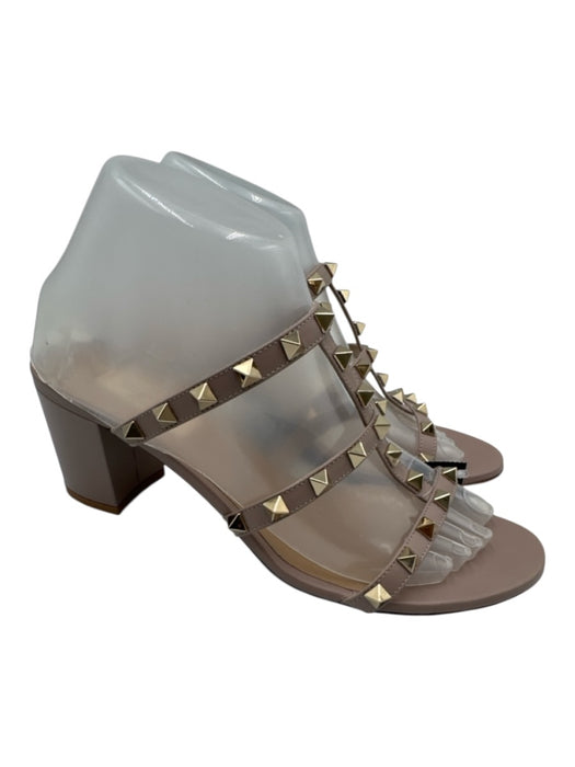 Valentino Shoe Size 38.5 Beige & Gold Leather Studded Block Heel Open Toe Shoes Beige & Gold / 38.5