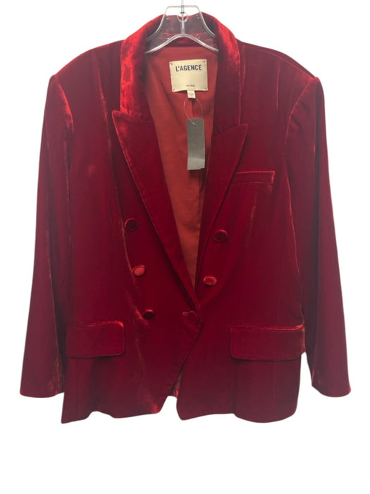L'agence Size 12 Red Viscose & Silk Velvet Double Breast Blazer Jacket Red / 12