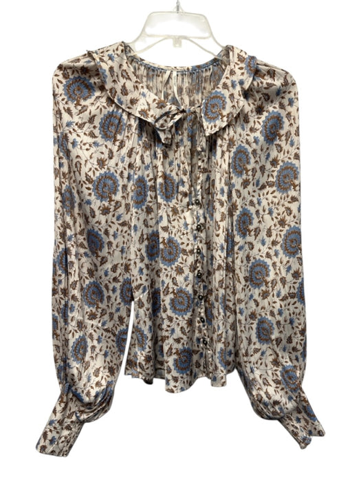 Anthropologie Size S Cream, Brown & Blue Polyester Floral Button Up Smocked Top Cream, Brown & Blue / S