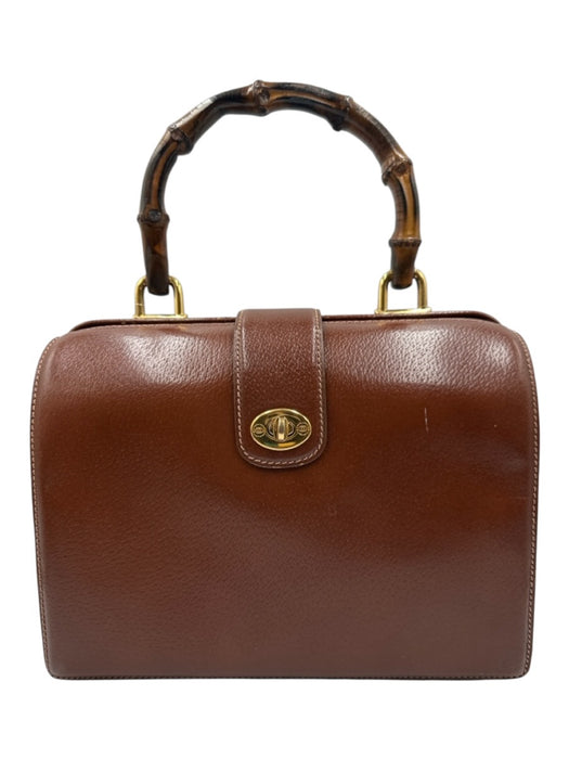 Gucci Brown Leather Bamboo Handle Gold Hardware Turnlock Purse Brown / M