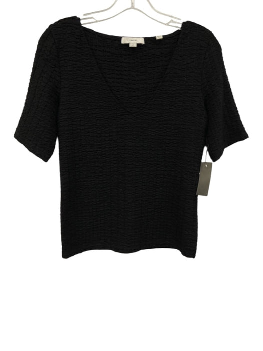 Vince Size Small Black Polyester Blend Short Sleeve Textured V Neck Top Black / Small