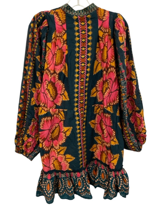 Farm Rio Size S Navy, Pink, Yellow Cotton Long Balloon Sleeve Button Up Dress Navy, Pink, Yellow / S