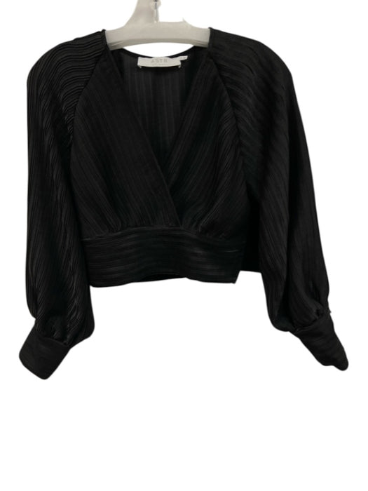 ASTR Size S Black Polyester Long Balloon Sleeve Accordion Pleat Faux Wrap Top Black / S