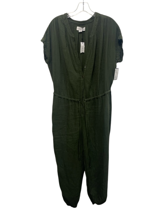 Velvet Size S Olive Green Cotton Cap Sleeve Crinkle Half Button Jumpsuit Olive Green / S