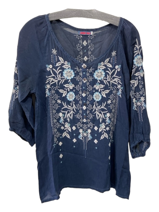 Johnny Was Size S navy & gray Cupra Rayon Floral Embroidered 1/2 Button Top navy & gray / S