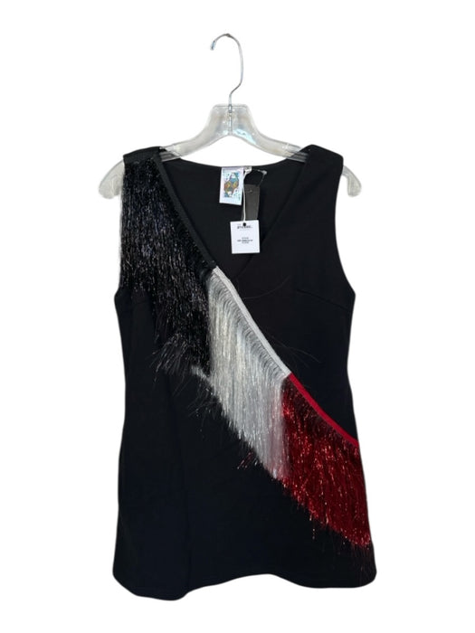 Queen of Sparkles Size S Black & Red Cotton Blend Sleeveless Fringe V Neck Dress Black & Red / S