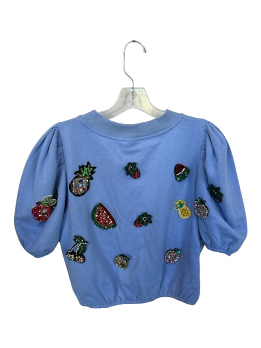 Queen of Sparkles Size M Blue & Multi Cotton Short Balloon Sleeve Rhinestone Top Blue & Multi / M
