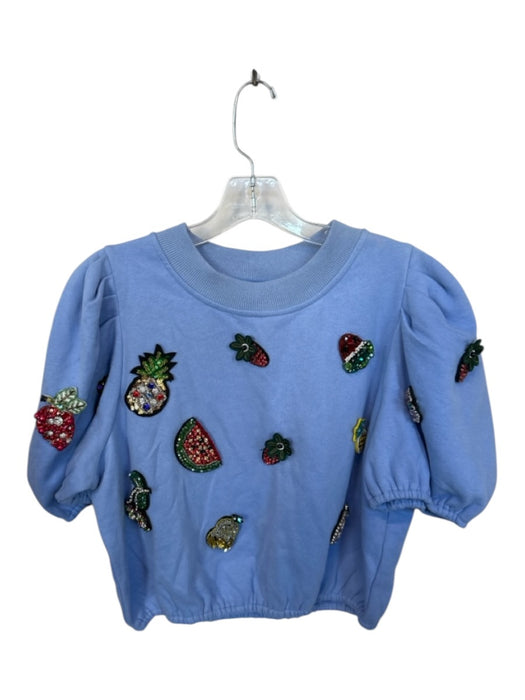 Queen of Sparkles Size M Blue & Multi Cotton Short Balloon Sleeve Rhinestone Top Blue & Multi / M