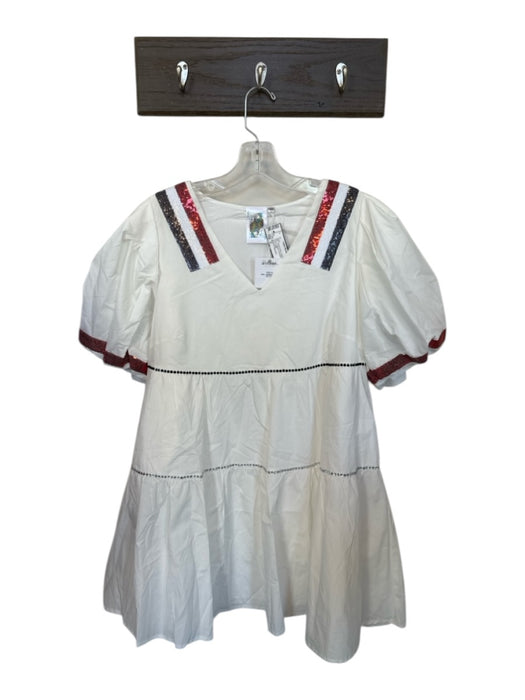 Queen of Sparkles Size M White & Red Cotton Short Balloon Sleeve Sequins Dress White & Red / M