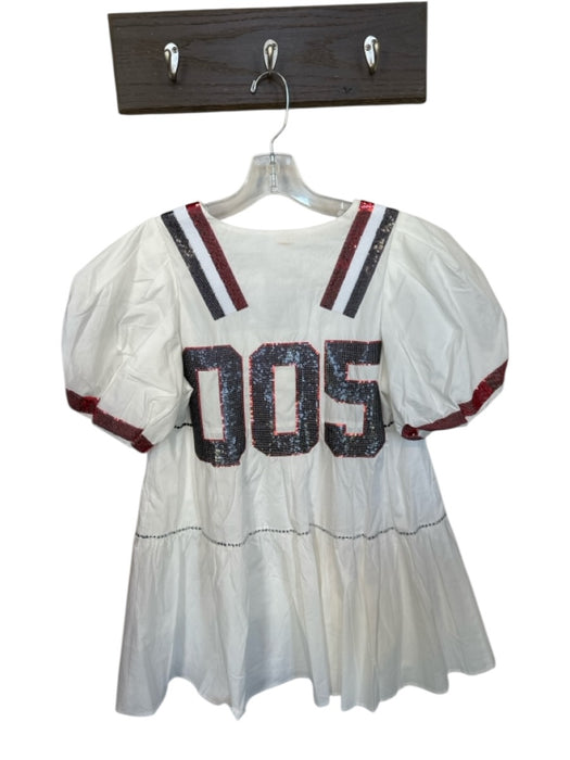 Queen of Sparkles Size XS White & Red Cotton Short Balloon Sleeve Sequins Dress White & Red / XS