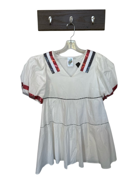 Queen of Sparkles Size XS White & Red Cotton Short Balloon Sleeve Sequins Dress White & Red / XS