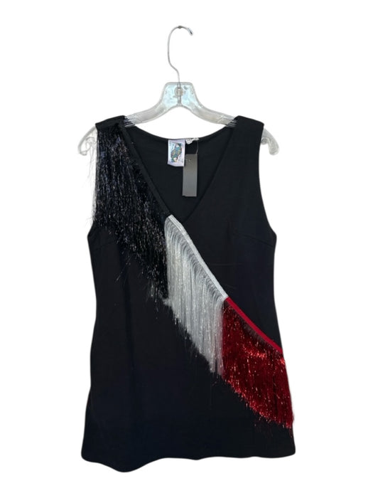Queen of Sparkles Size M Black & Red Cotton Blend Sleeveless Fringe V Neck Dress Black & Red / M