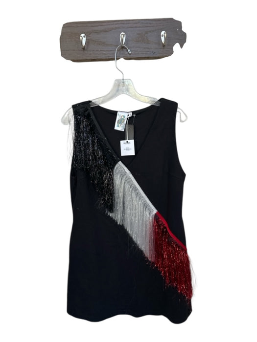 Queen of Sparkles Size M Black & Red Cotton Blend Sleeveless Fringe V Neck Dress Black & Red / M