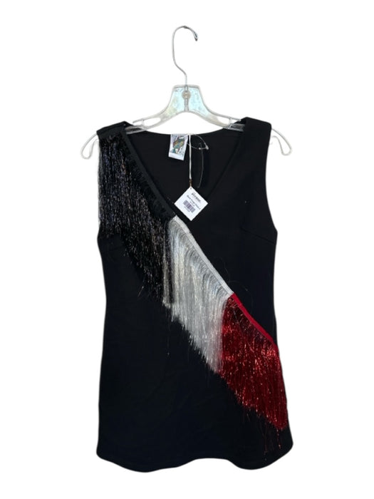 Queen of Sparkles Size S Black & Red Cotton Blend Sleeveless Fringe V Neck Dress Black & Red / S