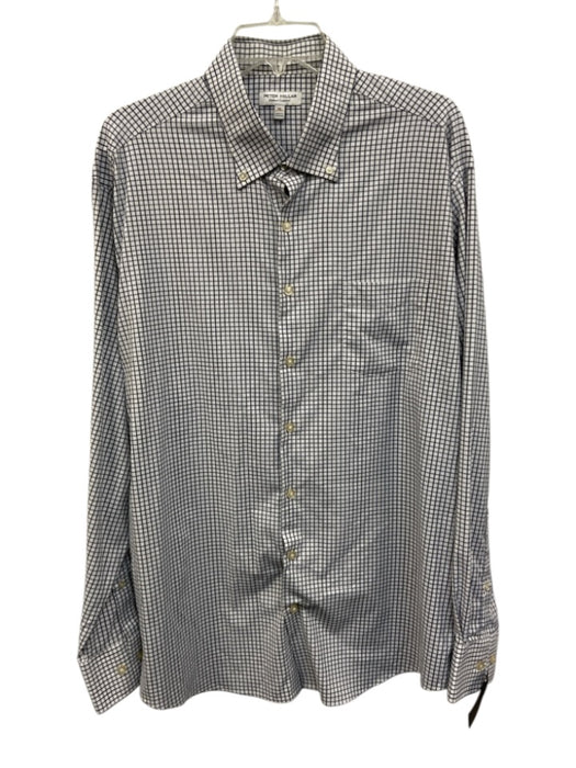 Peter Millar Size XL White & Blue Nylon Grid Button Down Men's Long Sleeve Shirt White & Blue / XL