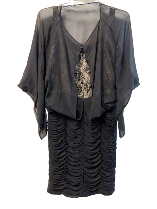 Kay Unger Size 8 Black Silk Sheer Overlay Back Zip & button Ruched Knee Dress Black / 8