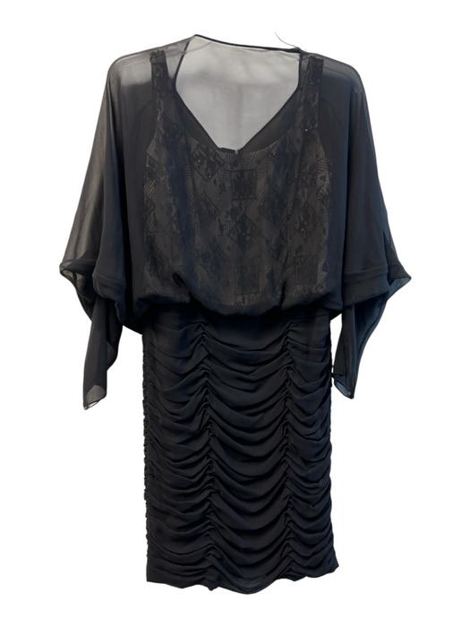 Kay Unger Size 8 Black Silk Sheer Overlay Back Zip & button Ruched Knee Dress Black / 8
