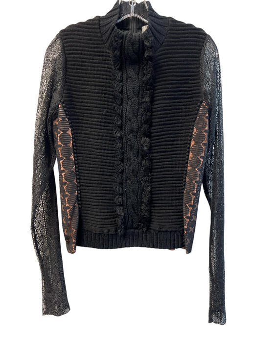 Byron Lars Size 8 Black Acrylic Sheer Long Sleeve Back Zip Cable Knit Top Black / 8