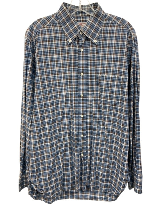 Luciano Barbera Size L Blue, Brown & White Cotton Plaid Men's Long Sleeve Shirt Blue, Brown & White / L