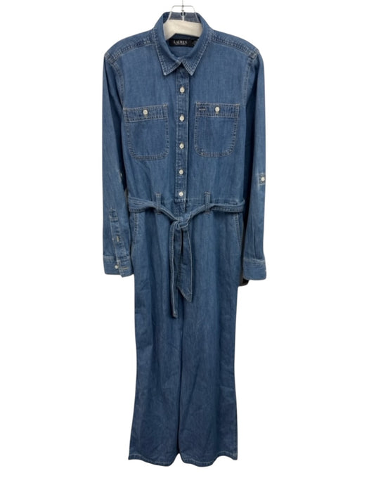Lauren Ralph Lauren Size 6 Medium Wash Cotton Tie Belt Wide Leg Pockets Jumpsuit Medium Wash / 6