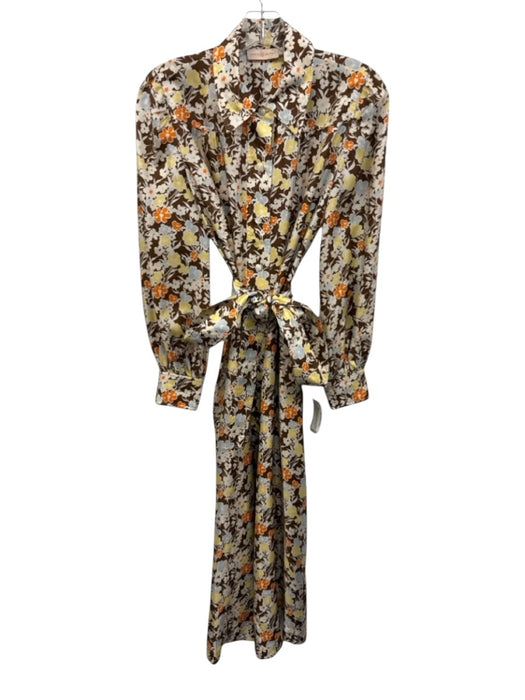 Tory Burch Size 6 Brown & Multi Silk Tie Belt Button Front Floral Print Dress Brown & Multi / 6