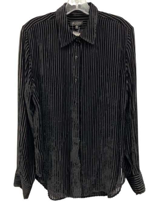 Rag & Bone Size M Black Viscose & Silk Velvet Striped Sheer Button Down Top Black / M
