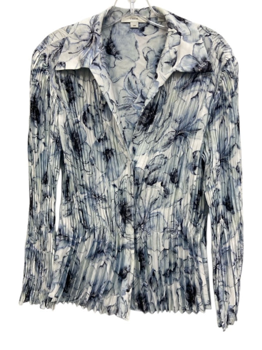 Vince Size M Blue & White Polyester Plisse Button Down Floral Top Blue & White / M