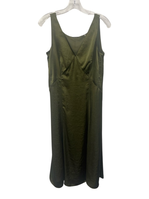 Elie Tahari Size 4 Olive Green Polyester Satin Sleeveless V Neck Midi Dress Olive Green / 4